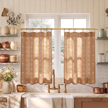 Boho Farmhouse Kitchen Curtain, Rustic Style Terracotta Western Curtains Living Room, Sets of 2 Panels, 36 Inch