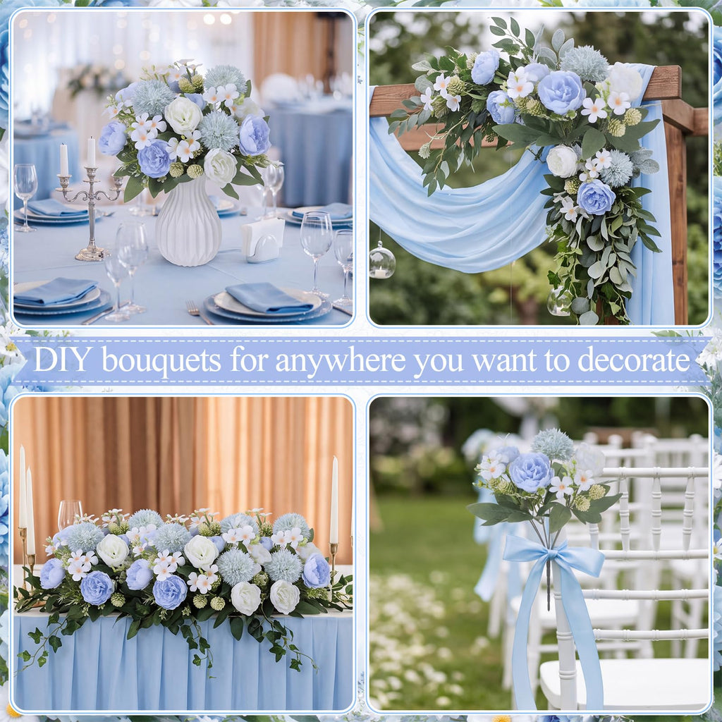 12 Pcs Blue White Artificial Peony Flower Decoration