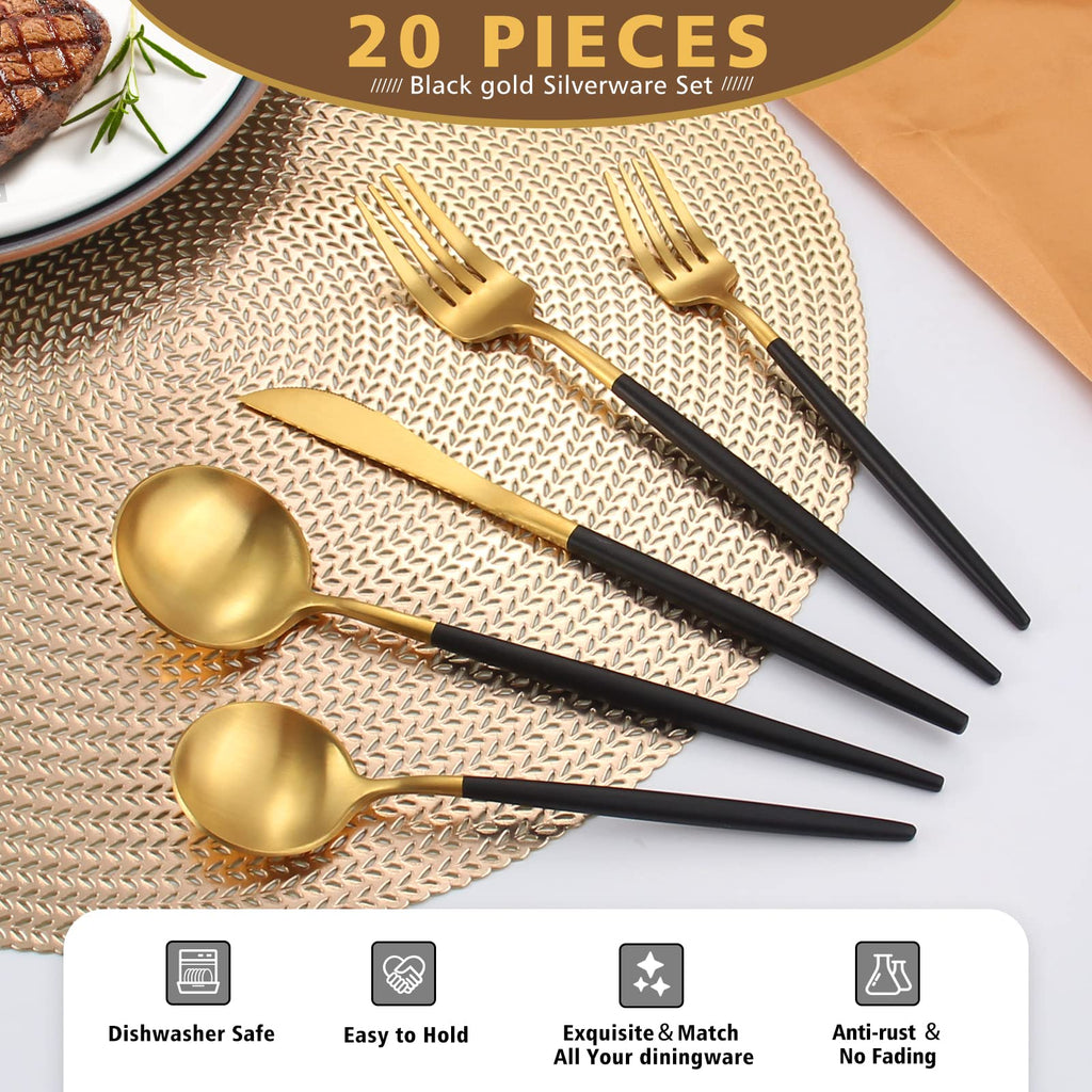 20pc Matte Black Gold Silverware Set for 4,Satin Finish Utensil Set