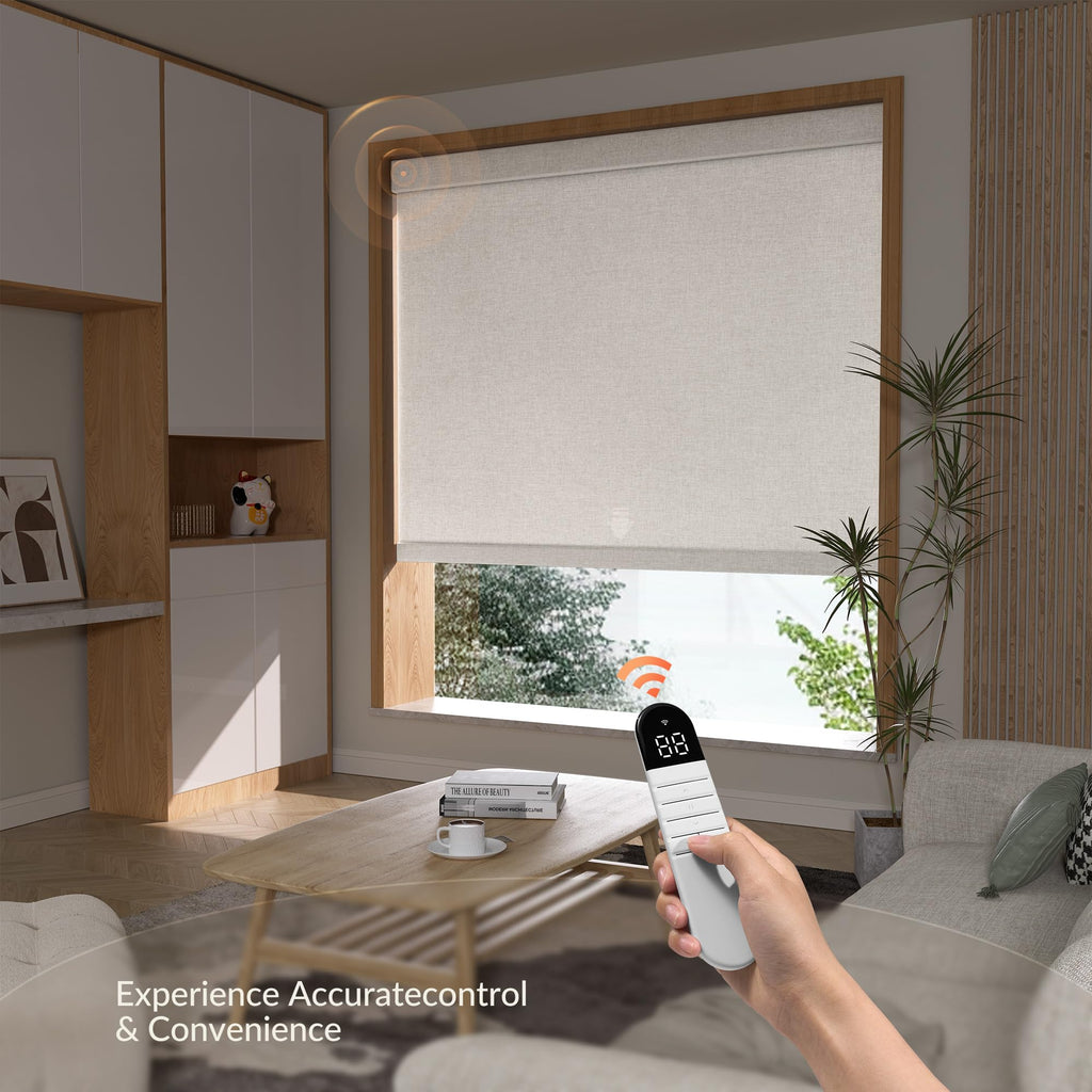 Motorized Roller Blinds with Remote Control, Light Filtering Linen Fabric-Matched Automatic Roller Shades for
