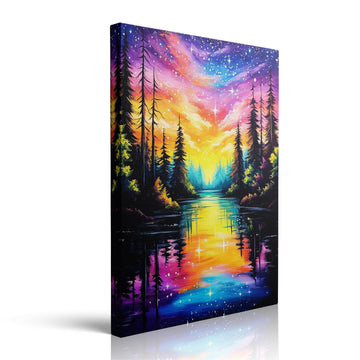 Forest River Canvas Wall Art Framed Painting Starry Night Purple Pink mystical Sunset whimsical Wall Decor Nature