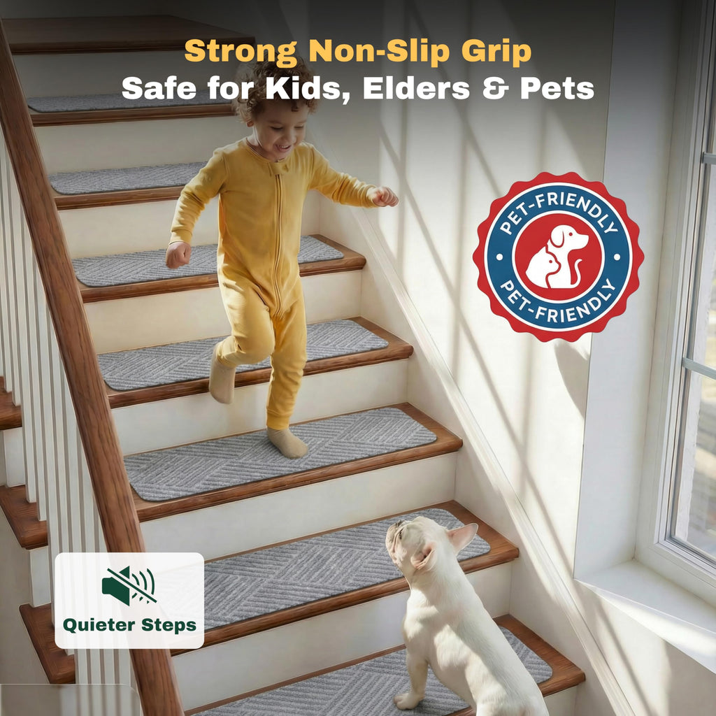 Woven Stair Treads for Wooden Steps, 15 Pack, 8" x 30", Light Gray