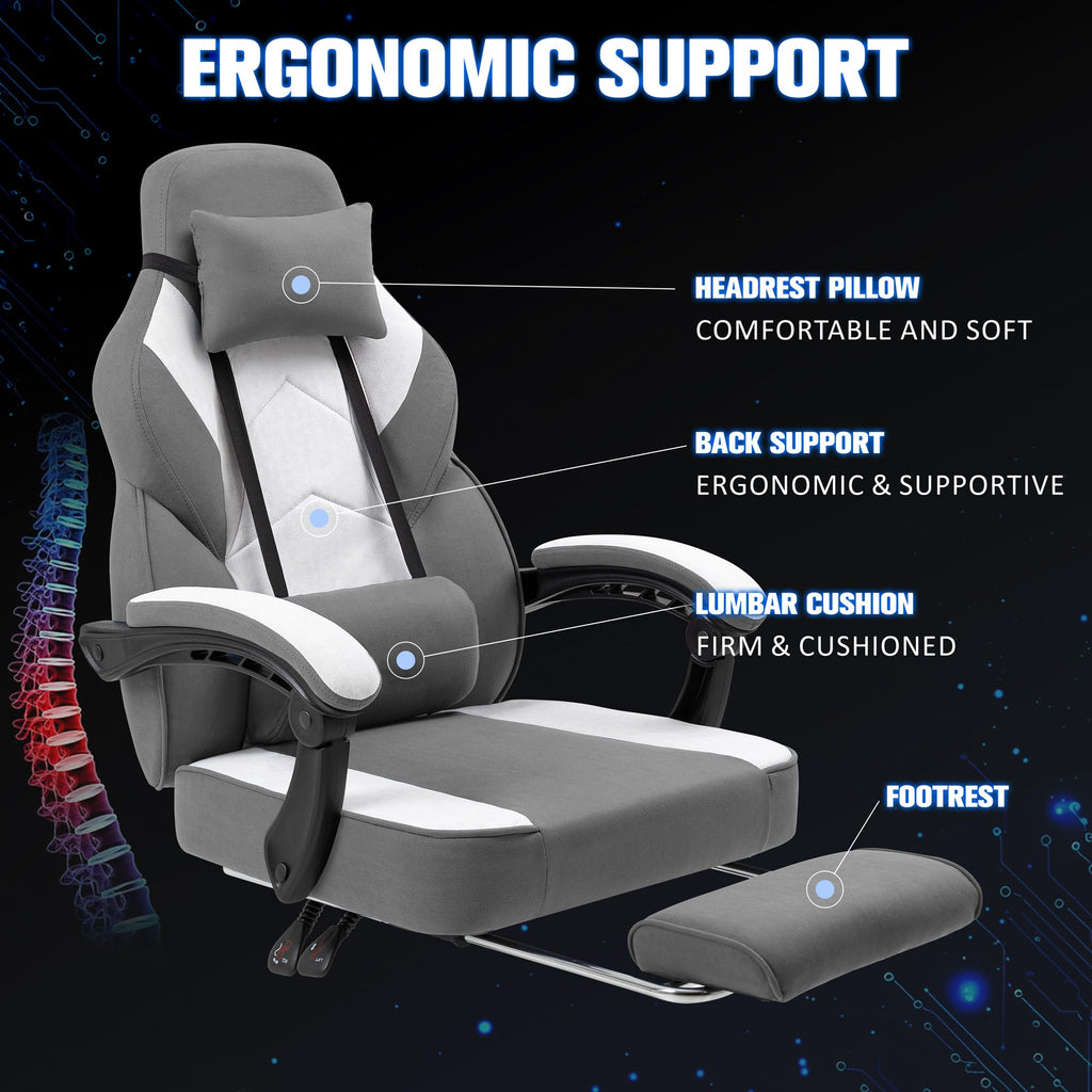 Gaming Chair for Adults with Massage Lumbar Support, Fabric Grey