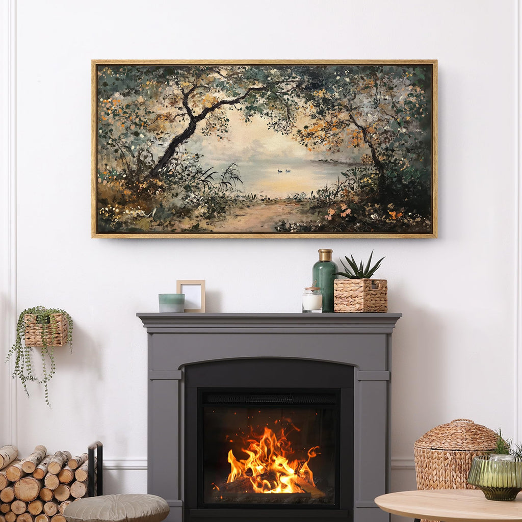 Extra Large Framed Canvas Print Wall Art Tranquil Forest Lake Impressionist Nature Landscape Illustrations Modern Art