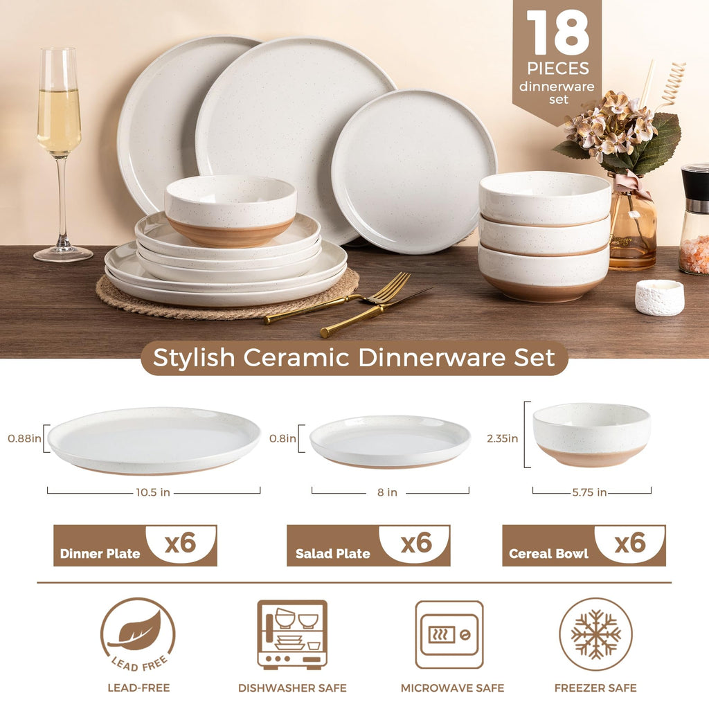 Dinnerware Sets for 6, 18 Pieces Ceramic Plates and Bowls Set