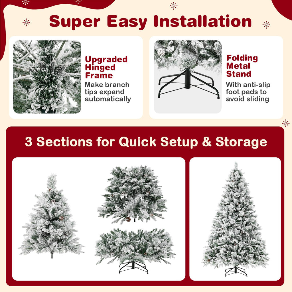 Pre-Lit Snow Flocked Christmas Tree 7 FT, Hinged Artificial Xmas Tree with 320 Multi-Color LED Lights, 8 Lighting