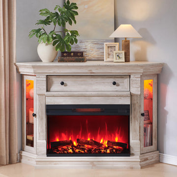 56" Farmhouse Corner TV Stand with 3-Side Fireplace Antique Brush White