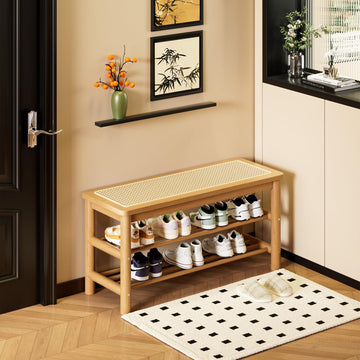 Bamboo Entryway Bench with Woven Rattan Seat, 2-Tier Shoe Storage Bench 31.5 inches Nature