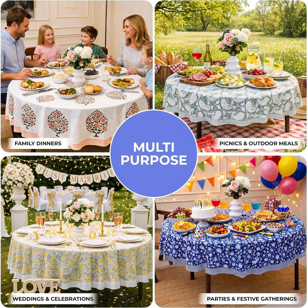 Hand Block Printed Round Tablecloth, Cyan Blue Floral Cotton Table Cover with Striped Border, Handmade Dining &
