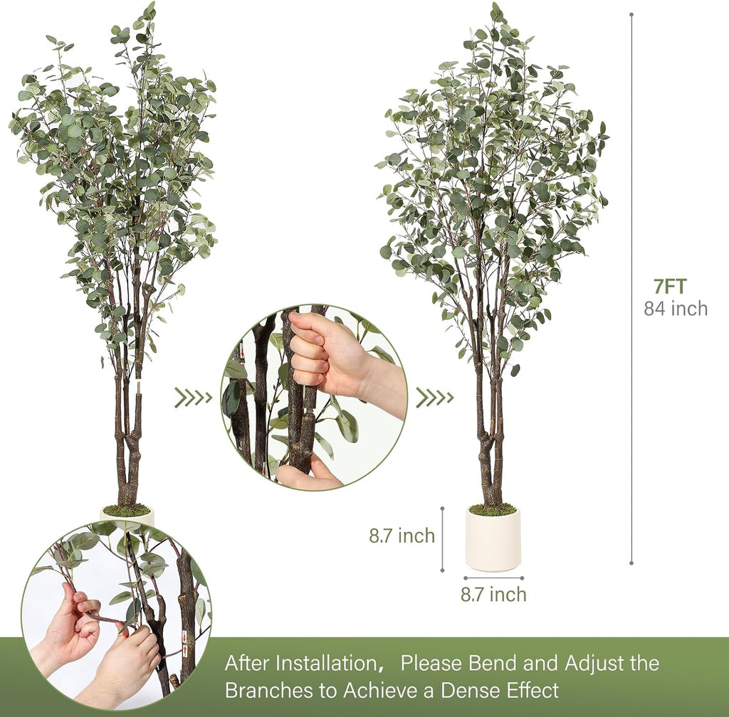 Eucalyptus Trees Artificial Indoor,7FT Tall Faux Plants Indoor with White Planter, Green Lifelike Fake Eucalyptus