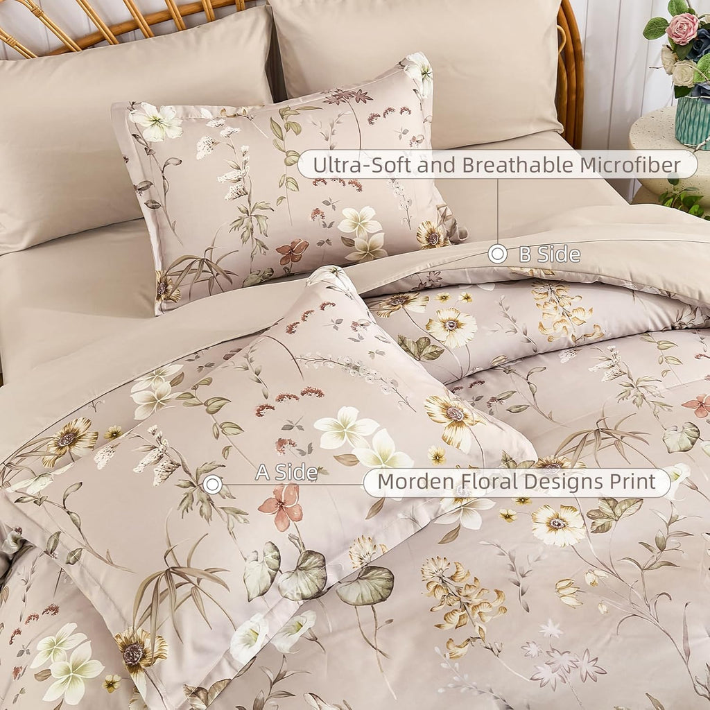 DJY Queen Comforter Set,Taupe Botanical Floral Bedding Comforter Sets Queen for All Seasons,7 Pieces Queen Bed in a