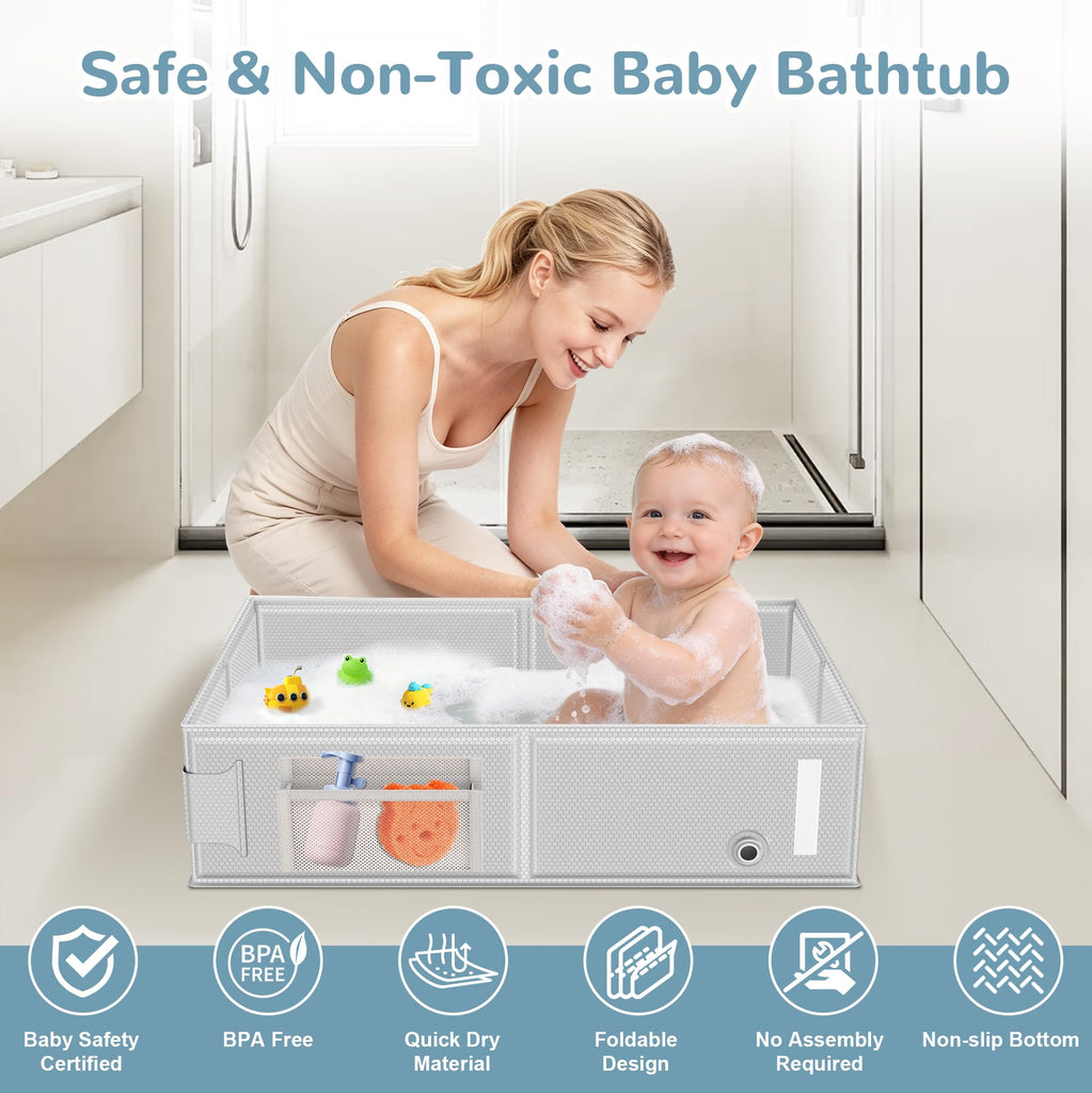 Collapsible Baby Bathtub, Foldable Toddler Bath Tub with Chick Pattern Bath Rinse Cup, No Assembly Portable Travel