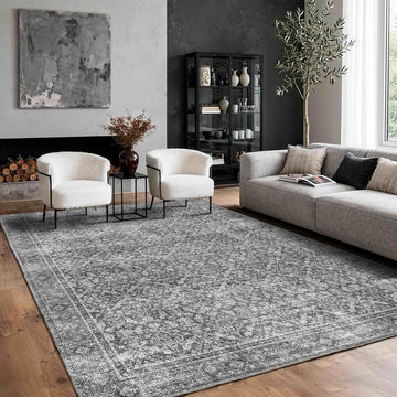 5x7 Area Rugs for Living Room Bedroom, Vintage Grey Washable Rug, Boho Floral Non Slip Low Pile Carpet for Indoor