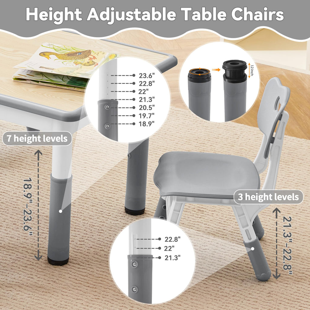 Kids Study Table and Chairs Set, Height Adjustable Toddler Table and Chair Set for Kids Ages 3-8, 31.5" L x 23.6" W