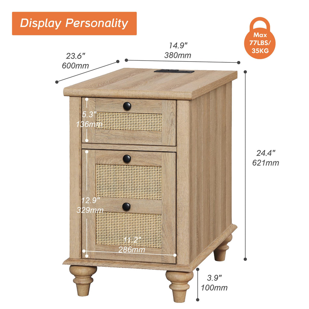 Tall Side Table with Charging Station, Rattan Night Stand with Drawer & Cabinet, Narrow Wooden with Power Outlets &