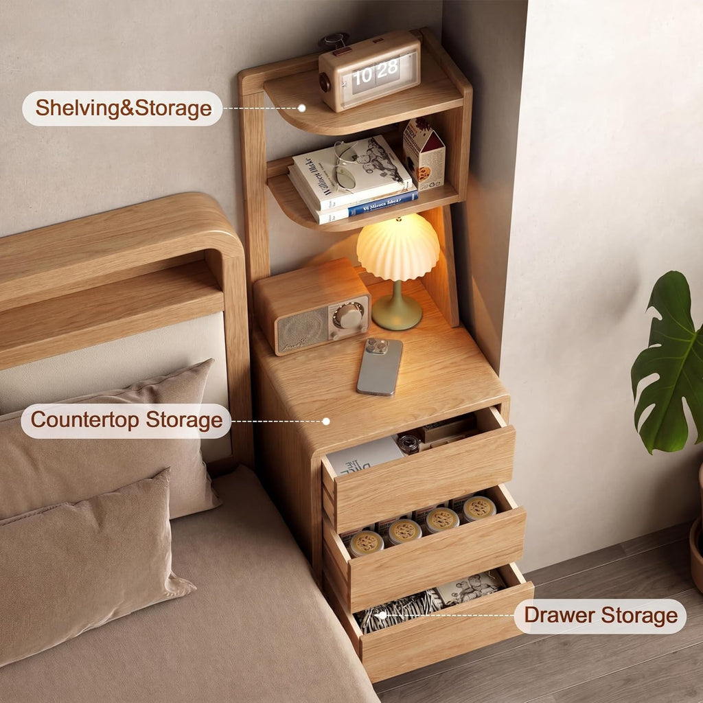 Solid Wood Bookshelf Nightstand Combo, Tall Nightstand with Bookshelf | Oak Nightstand Bookshelf,Narrow Nightstand
