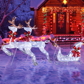 Christmas Decorations: Lighted Reindeer & Sleigh Outdoor Display, Multicolor, 270 LED Lights, Weatherproof, Easy
