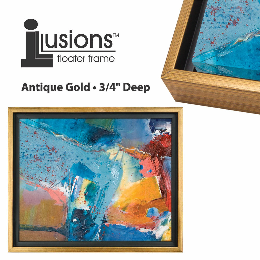 Illusions Floater Frame For 3/4" Deep Canvases - 20x20 Antique Gold/Black - For Galleries & Home Decor - Wood