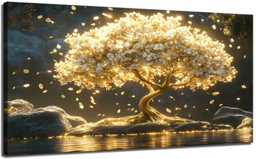 Large Tree of Life Canvas Wall Art Abstract Gold Tree Mountain Lake Decor painting Pictures Nordic Golden White