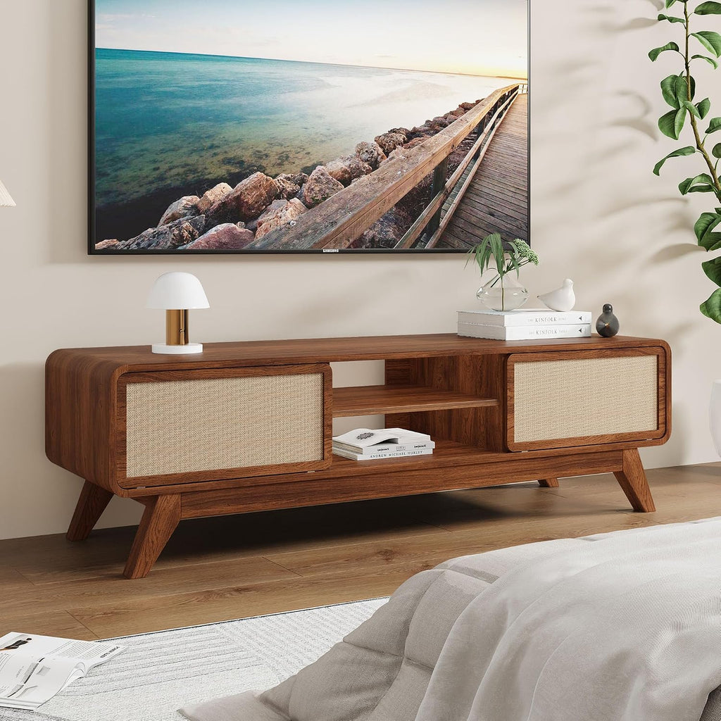 Mid Century Modern TV Stand for TVs up to 65'', Farmhouse Entertainment Center with Storage, TV Cabinet Table with