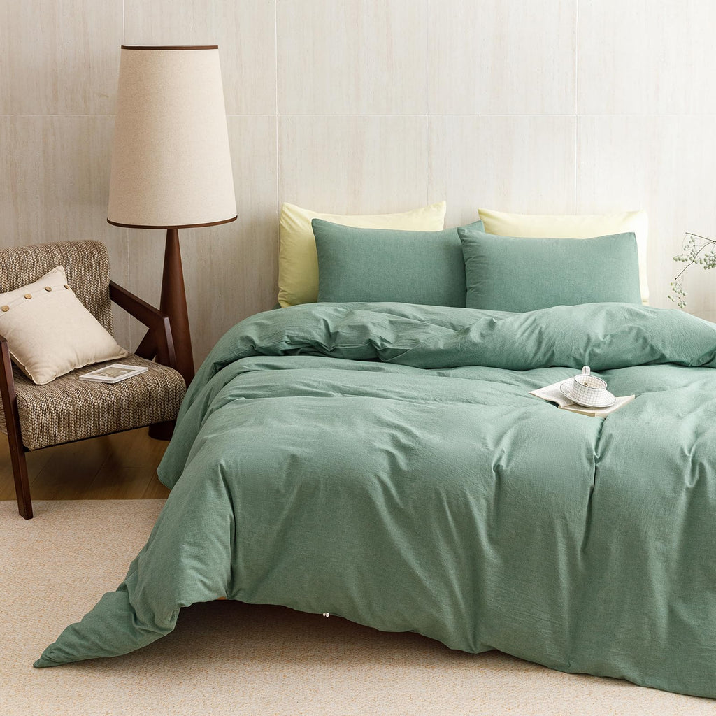 Green Comforter 100% Washed Cotton Bedding Set with Breathable & Soft Linen Feel Solid Foreat Green Bedding