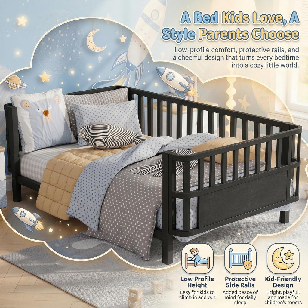 Twin Kids Bed Frame with Rails, Low Profile Montessori-Style Metal Bed for Boys Girls Teens, Removable Side Rail