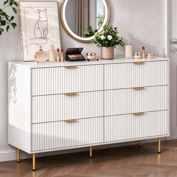 56" Wide Modern White Fluted 6 Drawers Dresser with Gold Handle