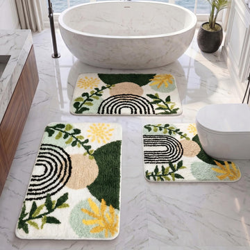 Bathroom Rug Set of 3, Fluffy Microfiber Non-Slip, Boho Plant Gold