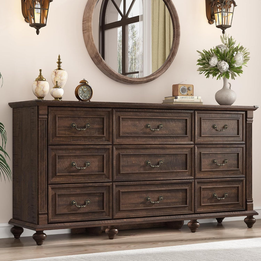 63" Farmhouse 9 Drawer Dresser with 6 Gourd Feet and Roman Column Decor, Wide Wood Country Rustic Chest of Drawers