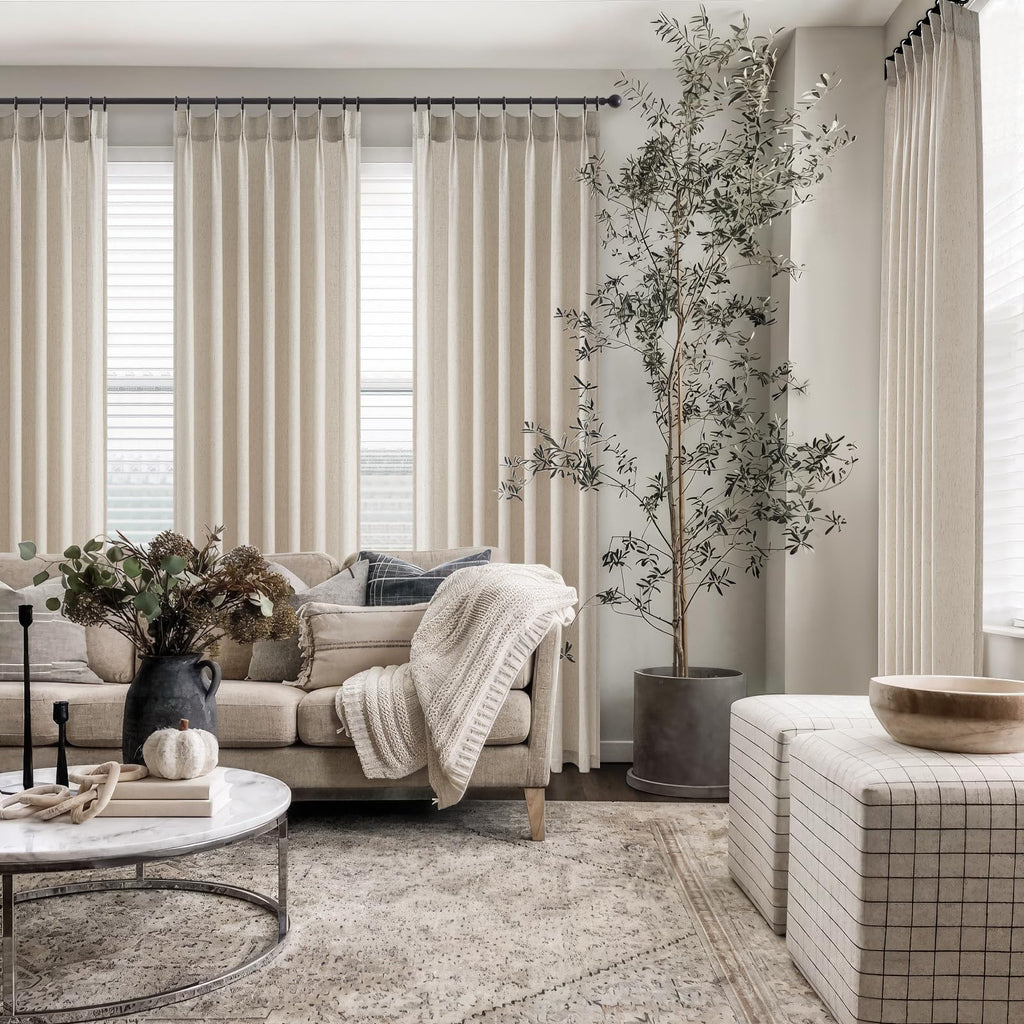 Oatmeal Beige Pinch Pleated Curtains 84 Inches Long 2 Panels Sets, Stone Washed Linen Earth Tone Decor Back Tab Boho