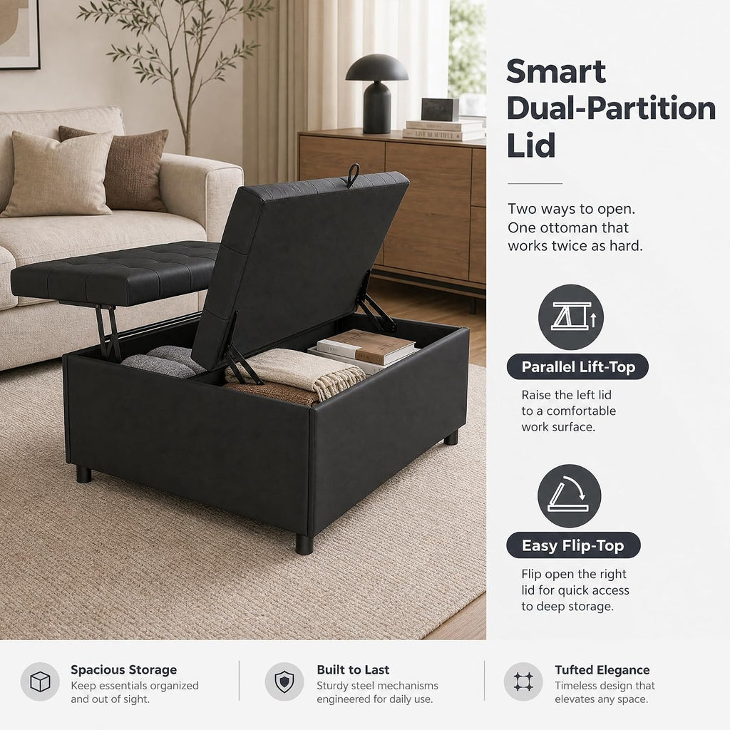 36 Inch Extra Large Black Leather Lift Top Living Room Storage Ottoman | Tufted Upholstered Shoe Storage Entry Bench