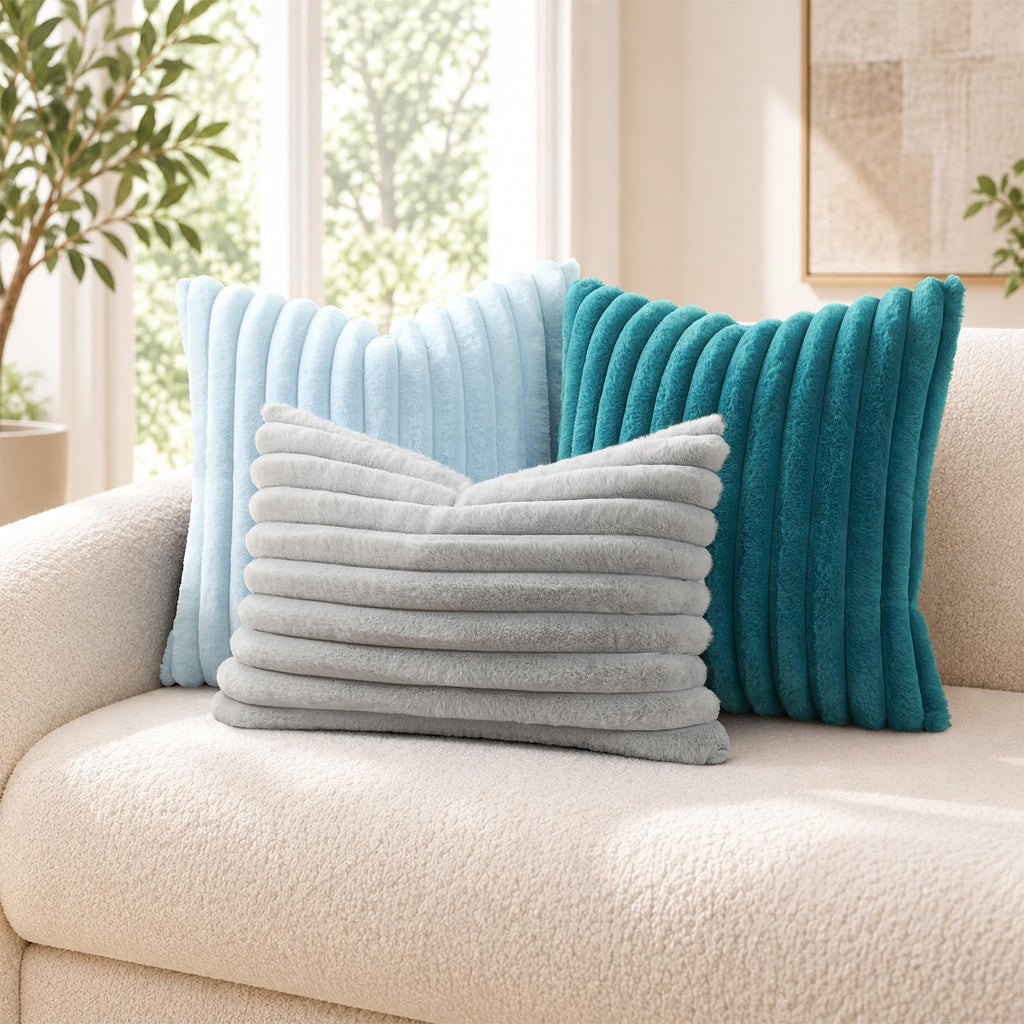 Faux Fur Decorative Throw Pillow Covers 16x16 Set of 2, Light Grey