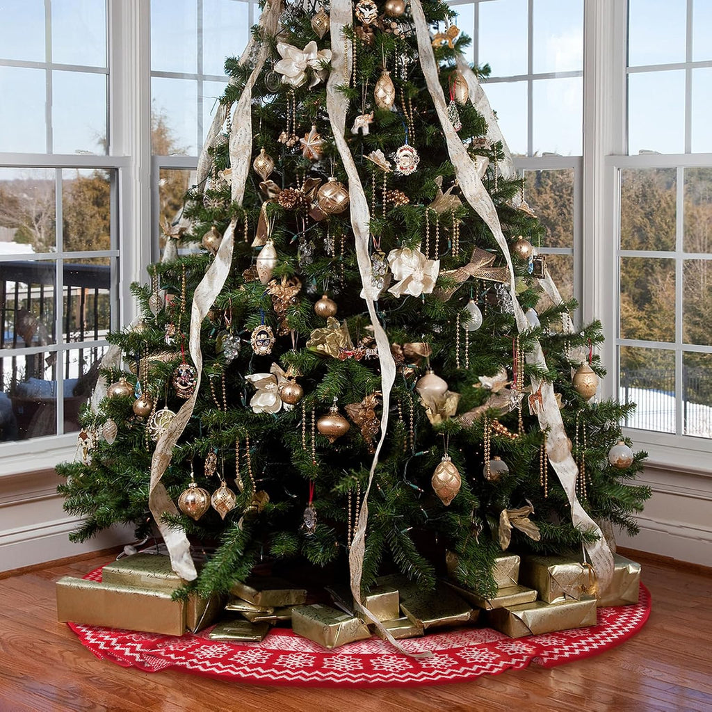 Knitted Christmas Tree Skirt,48 Inch Snowflakes Knit Christmas Tree Skirt Red Burgundy Tree Skirt Cable Knit Xmas