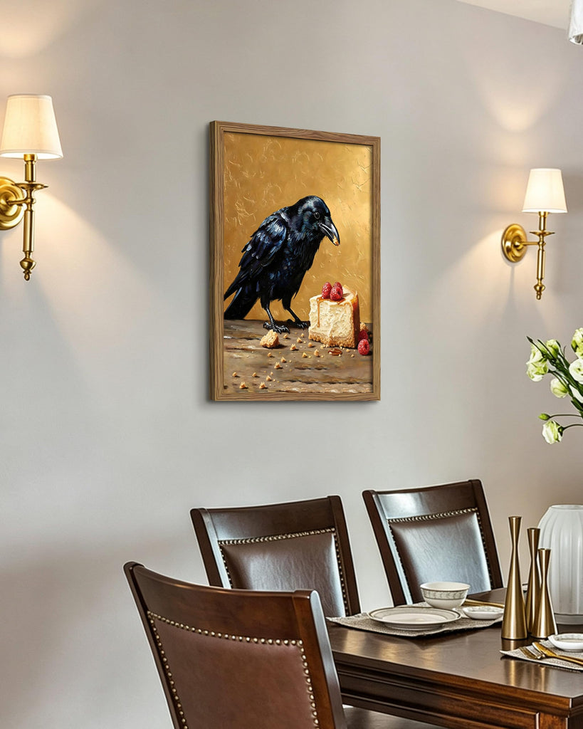 Framed Crow Halloween Wall Art, Funny Raven Wall Decor Painting Picture, Vintage Bird Dessert Canvas Print Poster