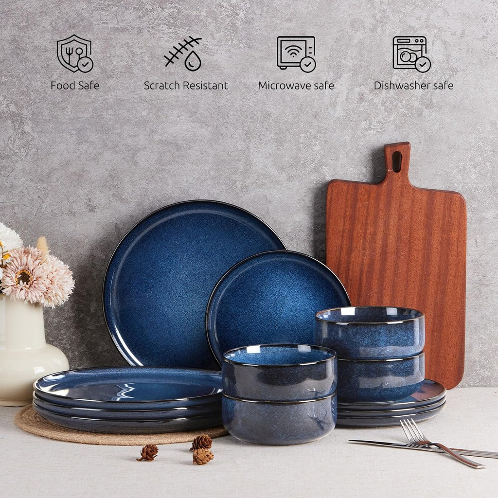 Dinnerware Sets for 4, 12-Piece Stoneware Plates and Bowls Set, Ceramic Dishes Reactive Glaze Dinning Ware