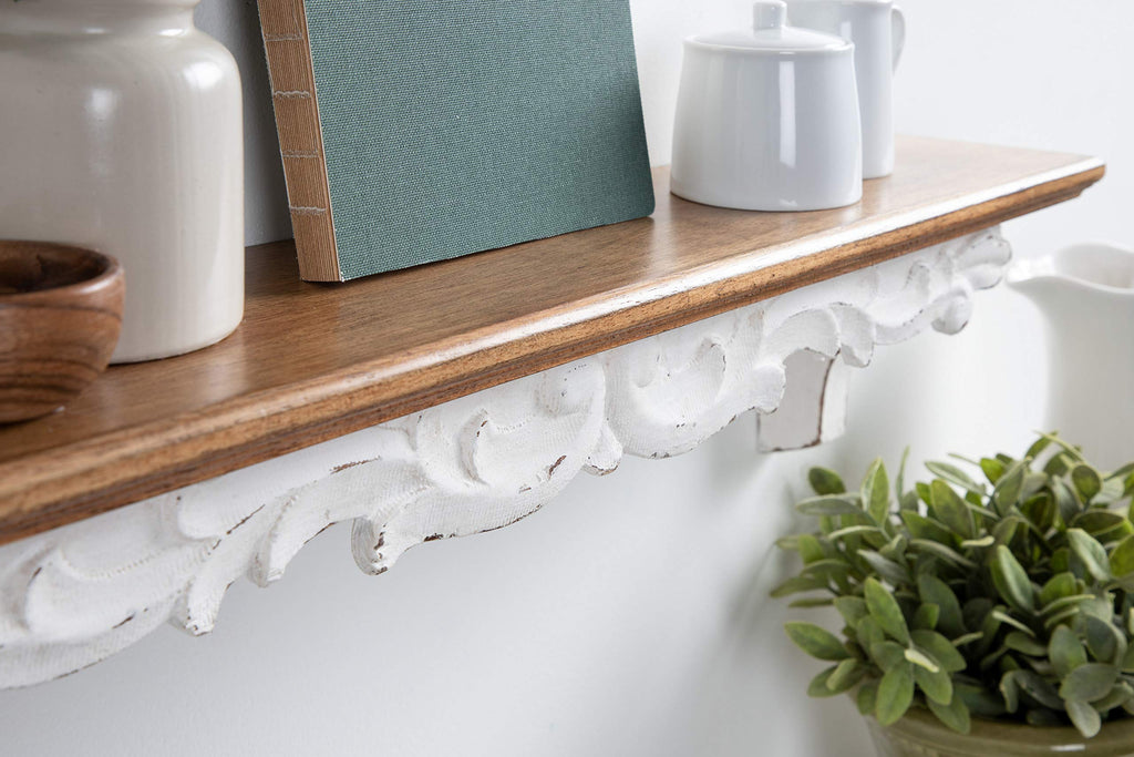 Abberly Farmhouse Wall Shelf, 28 x 5 x 6.5, Rustic Brown and White, Rustic Floating Shelf for Wall