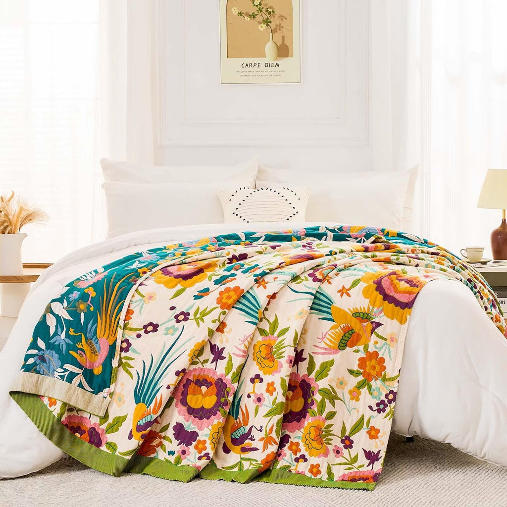 Boho Throw Blanket for Bed, 100% Cotton Soft Rustic Quilt Fall Blanket, 50"x60" Colorful Floral Printed Farmhouse