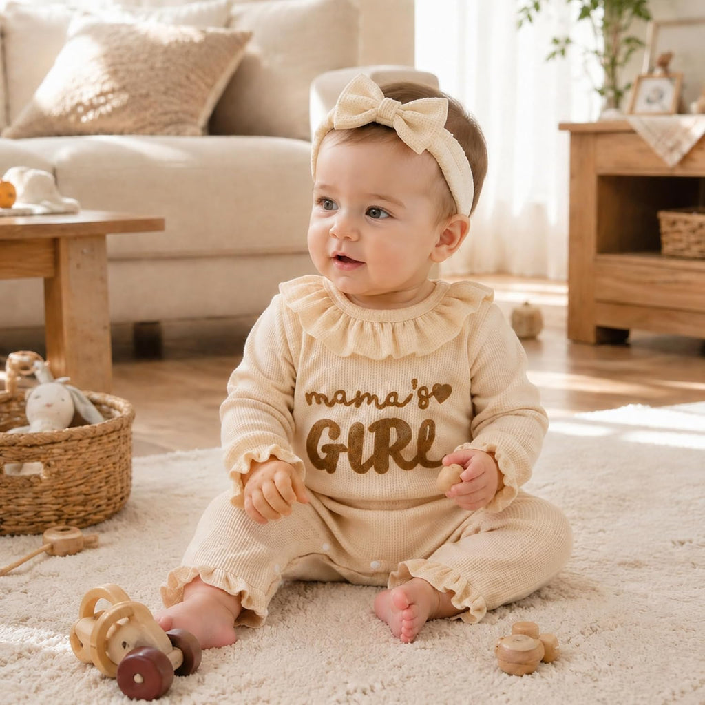 2 Piece Long Sleeve Ruffle Jumpsuit,Baby Girl Waffle Romper with Headband