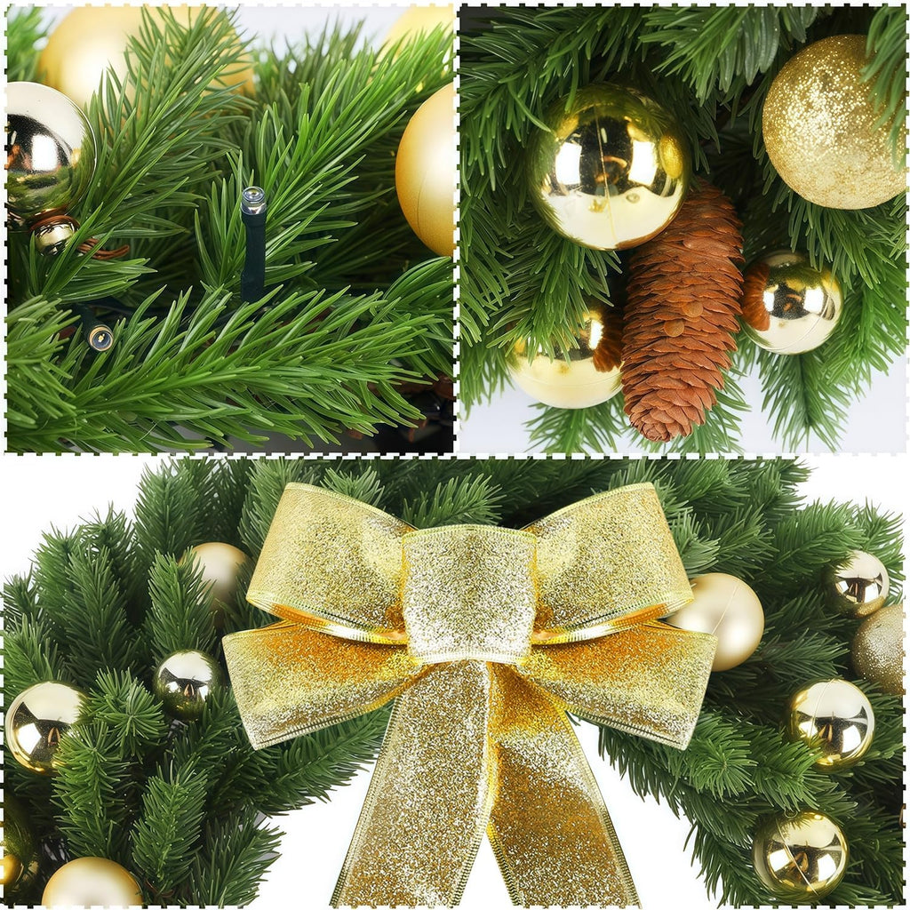 21" Lighted Christmas Wreath with Metal Hanger, Pre-lit Xmas Folded Wreath with LED Lights, Golden Bow & Balls