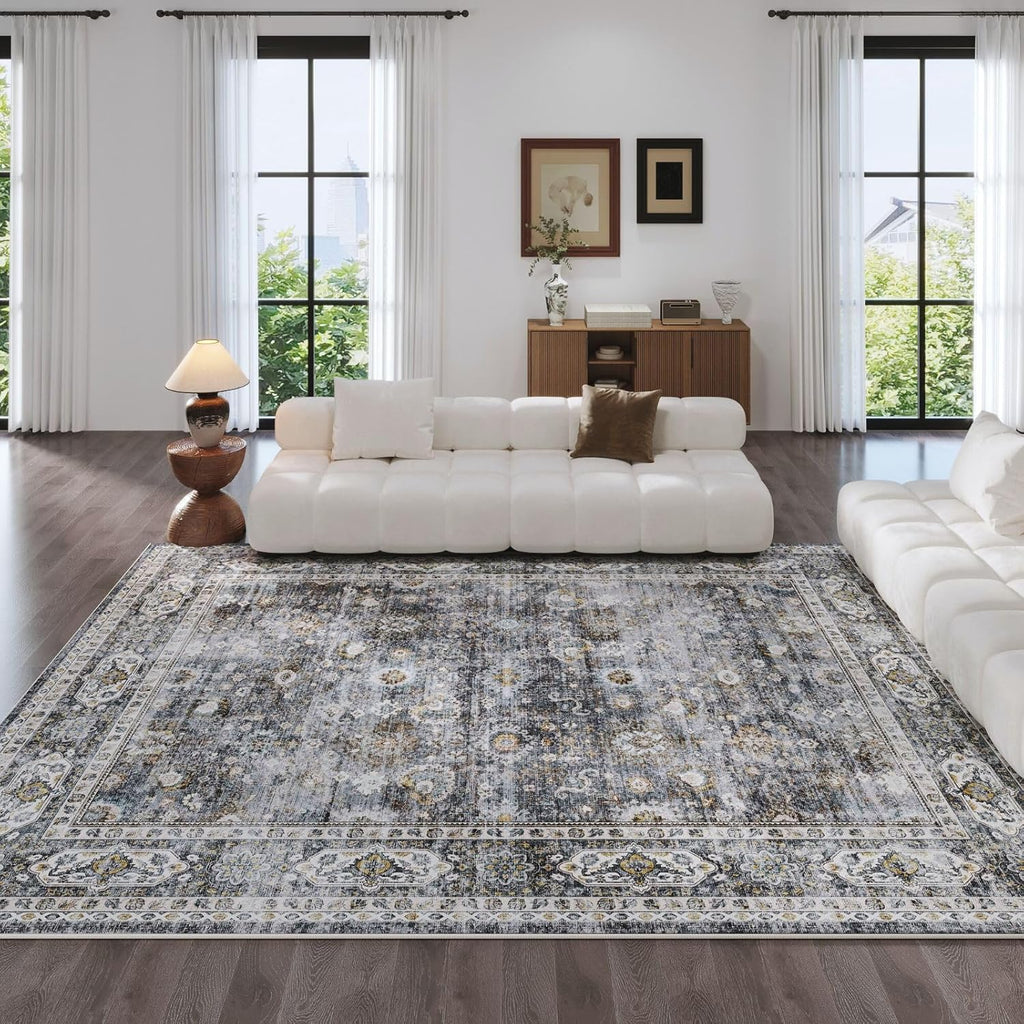 9x12 Rug Washable Boho Soft Large Area Rug Non-Slip Faux Wool Vintage Rug for Living Room, Farmhouse