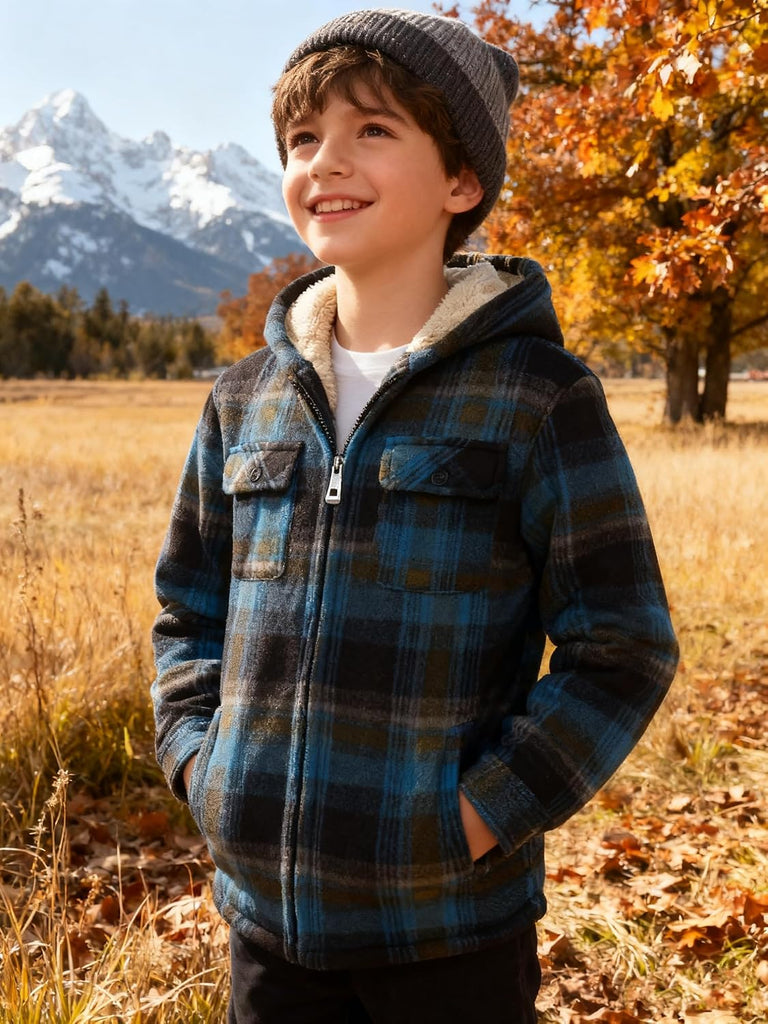 Boys Fleece Jacket with Hood Unisex Child Sherpa Lined Zip Up Warm Coat Hooded Sweatshirt Outerwear