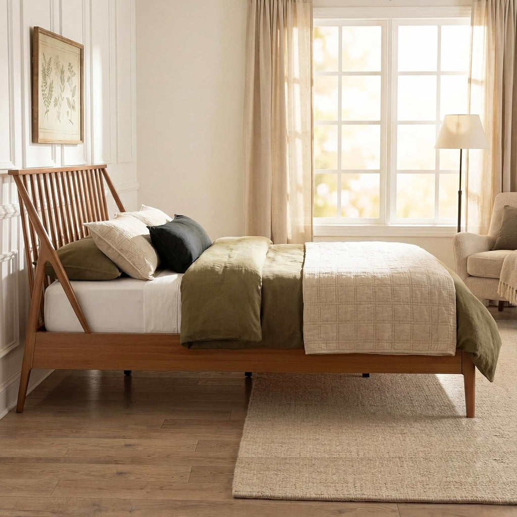 Queen Solid Bamboo Wood Spindle Platform Bed with 46.5" Tall Headboard, Bohemian Bed Frame with Wooden Slats and