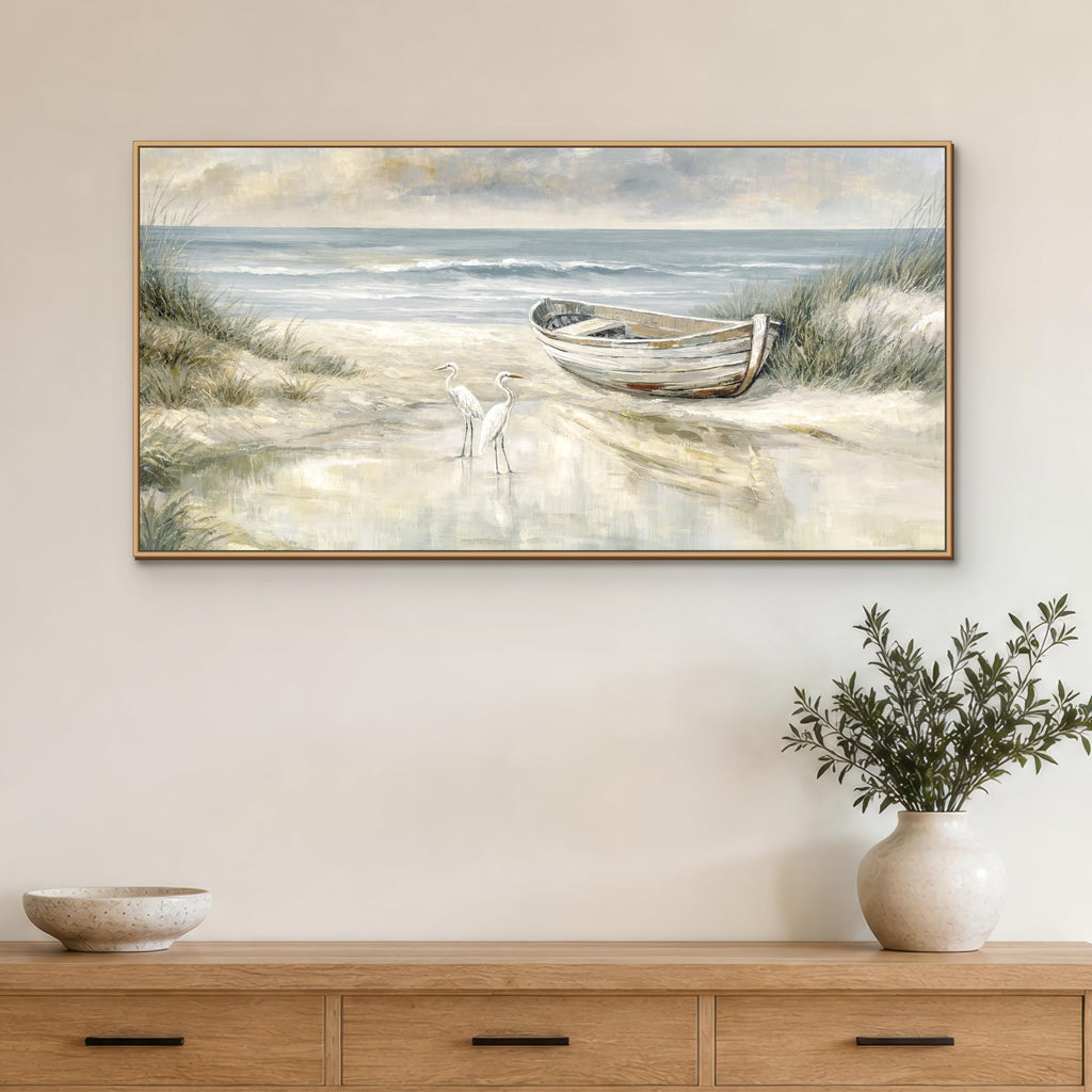 Framed Coastal Wall Art, Blue Gray Beach Canvas Print with Rowboat and Shorebirds, Horizontal Ocean Landscape