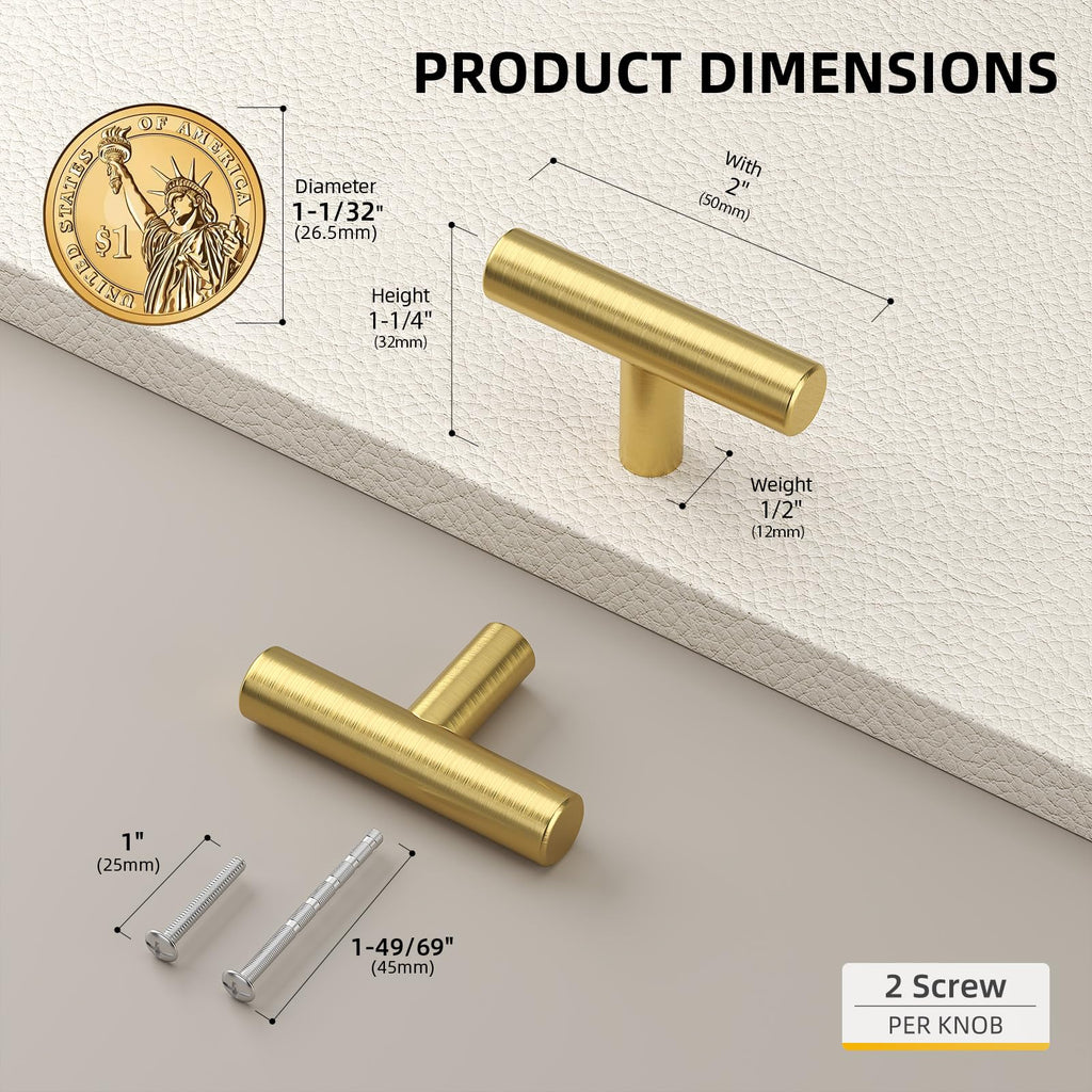 20 Pack Gold Cabinet Knobs Brushed Brass Cabinet Knobs, 2Inch