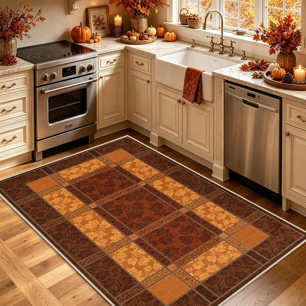 Fall Area Rug, Plaid Washable Rugs Orange