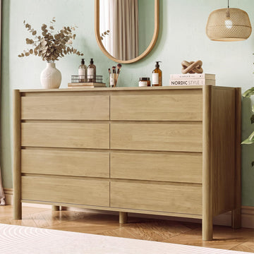 Oak Dresser, 55" Wide 8 Drawer Mid Century Modern Chest