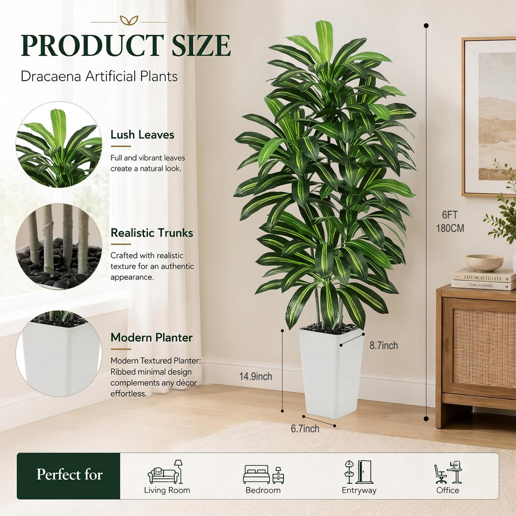 Artificial Dracaena Tree 6FT / White Planter, Tall Plants Indoor