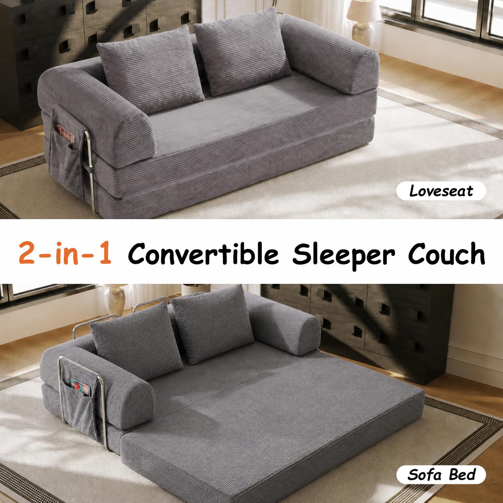 78" Convertible Sofa Bed, Corduroy Pull Out Couch with Fixed Frame & Pocket