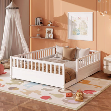 Floor Bed Frame with 21.4" High Fence, Solid Wood Montessori Floor Bed for Kids, Low to Ground