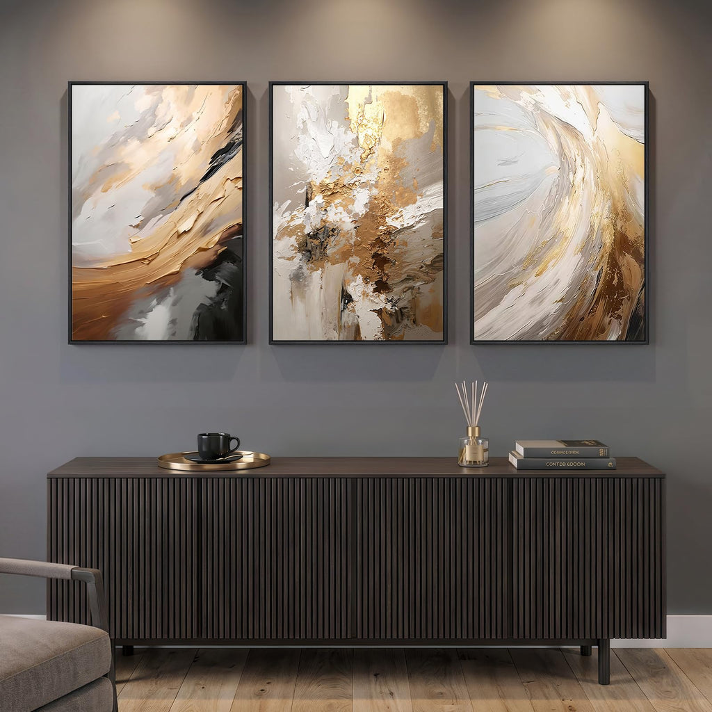 Large Framed Neutral Luxury Abstract Wall Art, 3 Piece Set, Each 20x30 In